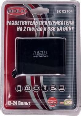 BOLK BK02104 Разветвитель прикуривателя на 2 гнезда и USB 5А 60Вт 12B/24В