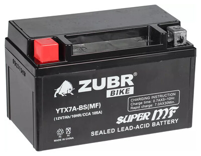 Мотоаккумулятор Zubr Moto MF YTX7A-BS 7 А/ч 105 А, прямая полярность, 150×87×94 мм, AGM