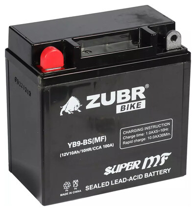 Мотоаккумулятор Zubr Moto MF YB9-BS 10 А/ч 100 А, AGM, прямая полярность, 137×76×134 мм