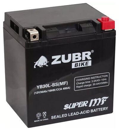 Мотоаккумулятор Zubr Moto MF YB30L-BS 30 А/ч 400 А, AGM, обратная полярность, 166×127×175 мм