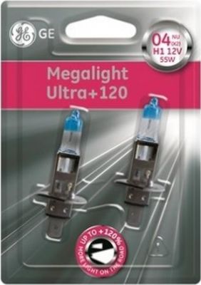 Лампа H1 12V- 55W (P14,5s) (+120% света) Megalight Ultra +120 (блистер 2шт.) GE