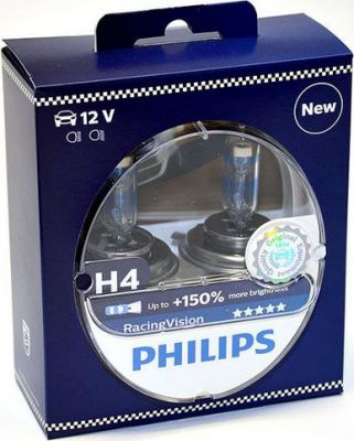 Лампа автомобильная H4 12V- 60/55W (P43t) Racing Vision +150 (2шт.) (Philips)