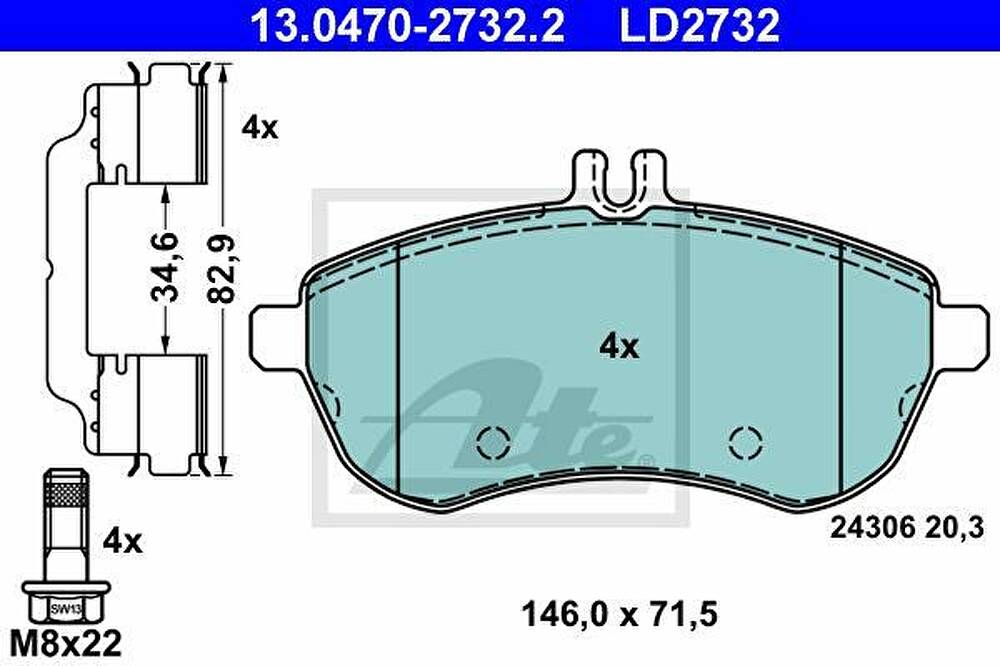 ATE 13.0470-2732.2 Колодки передние (CERAMIC) MB W204/W212 2.0…2.8L,2.0CDI/2.5CDI all 07->