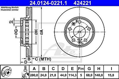 ATE 24.0124-0221.1 Диски торм.RENAULT FLUENCE, LAGUNA III, MEGANE III 2008=>