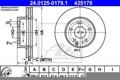 ATE 24.0125-0179.1 Диски торм.Mercedes W204 C180-C200 (288x25мм) вентилируемые