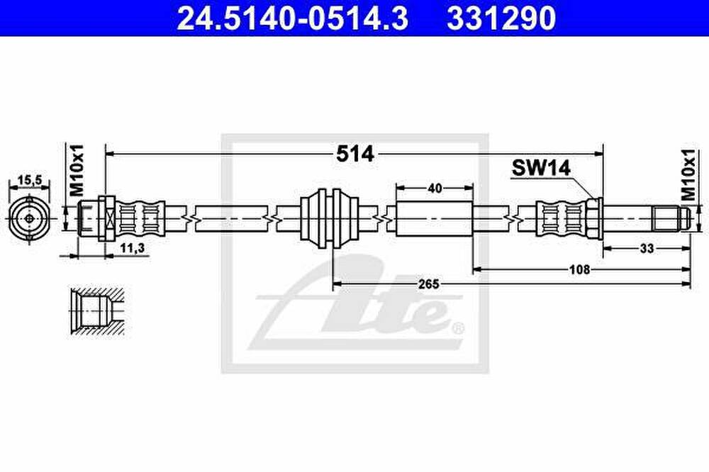 ATE 24.5140-0514.3 тормозной шланг на VW MULTIVAN V (7HM, 7HN, 7HF, 7EF, 7EM, 7EN)
