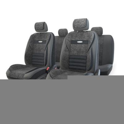 Авточехлы MULTI COMFORT, мультиконтурные, 5 ортопед. поддержек, экокожа+текстурированный велюр, 11 предм., карман, 6 молний, чёрый, разм. М, 1/3