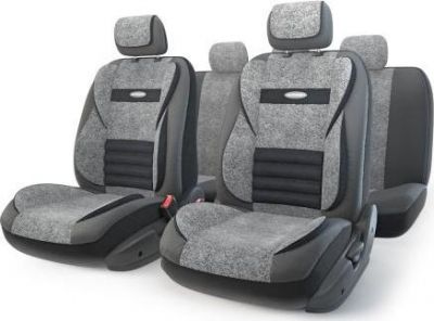 Авточехлы MULTI COMFORT, мультиконтурные, 5 ортопед. поддержек, экокожа+текстурированный велюр, 11 предм., карман, 6 молний, чёрн./т.серый, разм. М, 1/3