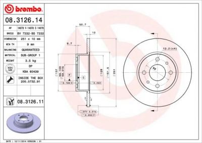 BREMBO Диск тормозной ALFA ROMEO 164 2.0i Twin Spark (87-98) (46758715, 08.3126.14)