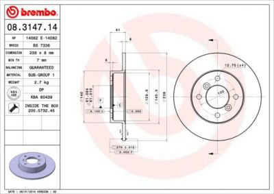 BREMBO Диск тормозной не вент. передний RENAULT TWINGO Box (S06_) (03/93-) F (561257J, 08.3147.14)