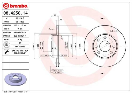 BREMBO Диск тормозной OPEL ASTRA H 1.6 04-/CORSA 82-93/KADETT 79-91 передний не вент. (561142J, 08.4250.14)