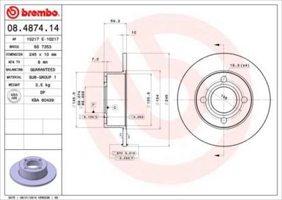 BREMBO (561 312 J) Диск торм зад А100(44) (561312J, 08.4874.14)