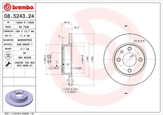 BREMBO Диск торм.пер.не вент. Felicia 94-98 002415019 (6U0615301, 08.5243.24)