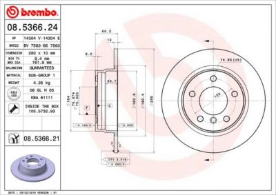 BREMBO Диск тормозной 3 E36 316-323 90-98/E46 316-318 98-05 задний D=280мм. крашенные (вместо 08.5366.24) (561552, 08.5366.21)