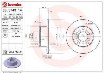 BREMBO Диск тормозной AUDI A100 91>94/A6 95>05/VW PASSAT 97>05 задний (4A0 615 601 A, 08.5743.14)