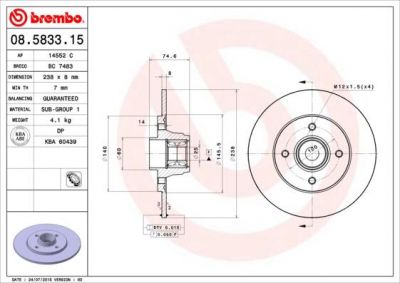 Brembo 08.5833.15 тормозной диск на RENAULT CLIO I (B/C57_, 5/357_)