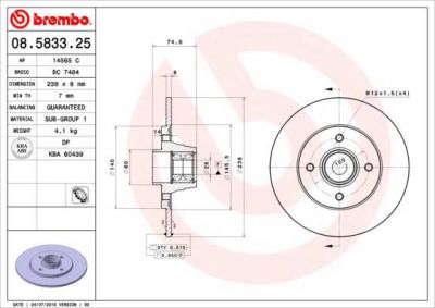 Brembo 08.5833.25 тормозной диск на RENAULT CLIO I (B/C57_, 5/357_)