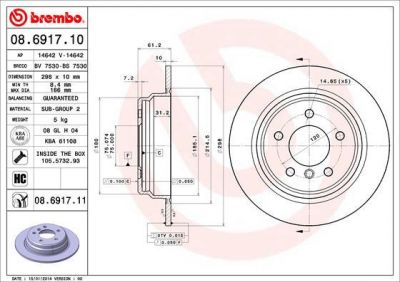 BREMBO Диск тормозной 5 E39 520-525 95-03 задний D=298мм. крашенные (вместо 08.6917.10) (562062, 08.6917.11)