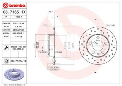 BREMBO Диск тормозной задн, AUDI: A3 96-03, TT 98-06, SEAT: CORDOBA 02-, IBIZA IV 02-, IBIZA V 08-, LEON 99-06, TOLEDO II 99-06, SKODA: FABIA 06-, FABIA 99-08, OCTAVIA (08.7165.1X)