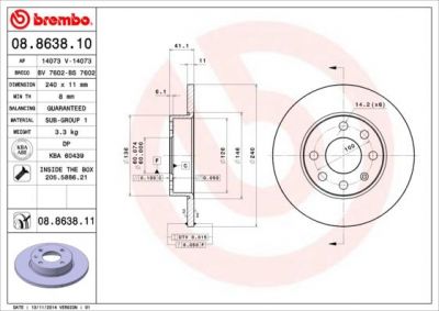 BREMBO Диск тормозной OPEL CORSA C 1.0-1.2 00- передний не вент. D=240мм. (569020, 08.8638.10)