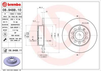 BREMBO Диск тормозной не вент. задний VW TOURAN (1T1, 1T2, 1T3) (02/03-) R (1K0615601L, 08.9488.11)