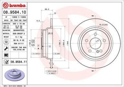 BREMBO Диск тормозной MERCEDES W211/W212 200-350 задний вент.D=300мм. крашенные (вместо 08.9584.10) (2114230712, 08.9584.11)