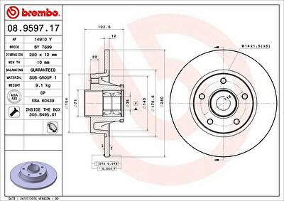 BREMBO Диск тормозной не вент. задний RENAULT TRAFIC II Box (FL) (03/01-) R (43206-00QAB, 08.9597.17)