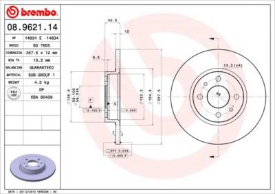 BREMBO Диск тормозной ALFA ROMEO 145 1.3i (9.94-96) F (71738373, 08.9621.14)