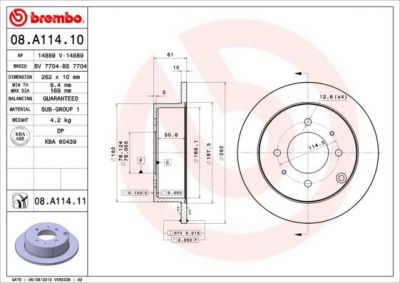 BREMBO Диск тормозной HYUNDAI SONATA EF/MATRIX/KIA MAGENTIS зад. (5841138310, 08.A114.10)