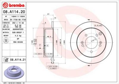 BREMBO Диск тормозной HYUNDAI Grandeur (III) 2.5i V6 (XG) (99-05) R (5841139300, 08.A114.20)