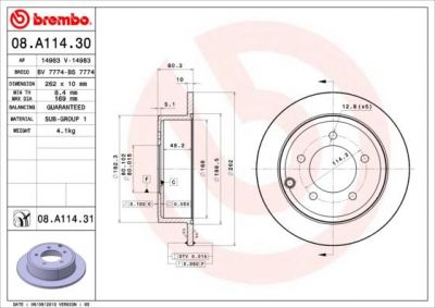 BREMBO Диск тормозной не вент. задний CHRYSLER Sebring Saloon ( 7.07->) R (5105515AA, 08.A114.30)
