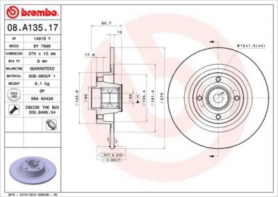 BREMBO Диск тормозной перед. RENAULT Megane II/Scenic II 1,4-2,0L 03-> (270X10mm)(с подшипником ступицы/с кольцом ABS) (7701207898, 08.A135.17)