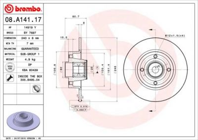 BREMBO Диск тормозной зад. RENAULT Clio III Megane II Modus 1,2-2,0L 11 02-> с подшипником ступицы с кольцом ABS (7701207823, 08.A141.17)