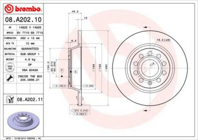 BREMBO Диск тормозной AUDI A3/SKODA OCTAVIA/YETI/VW GOLF V/VI/PASSAT/TIGUAN задний (1K0 615 601 M, 08.A202.10)