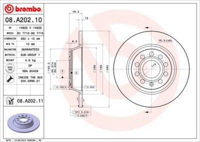 BREMBO Торм.диск зад.вент.[282x12] 5 отв.[min2] (08.A202.11)