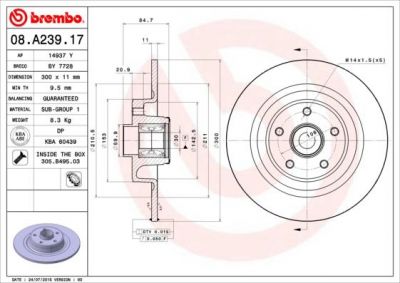 BREMBO Диск тормозной не вент. задний RENAULT VEL SATIS (BJ0_) (06/02-) R (8200244108, 08.A239.17)