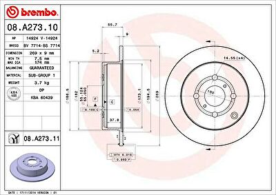 Brembo 08.A273.11 тормозной диск на TOYOTA YARIS (SCP1_, NLP1_, NCP1_)