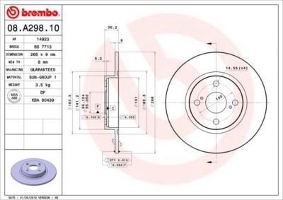 BREMBO Диск торм зад COROLLA (_E11_) 97->01 (42431-12150, 08.A298.10)