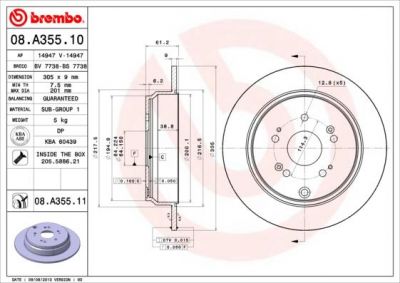 BREMBO Диск тормозной HONDA CR-V (II) 2.0i 16V (2.05-9.06) (42510S9AE50, 08.A355.10)