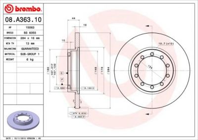 Brembo 08.A363.10 тормозной диск на FORD TRANSIT c бортовой платформой/ходовая часть