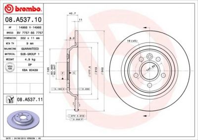 BREMBO Диск тормозной не вент. задний VOLVO XC70 II (08/07-) R крашенные (вместо 08.A537.10) (30769059, 08.A537.11)