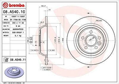 Brembo 08.A540.11 тормозной диск на FORD MONDEO IV седан (BA7)