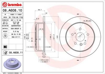 BREMBO Диск тормозной не вент. задний TOYOTA PREVIA (CLR3_, ACR3_) (06/00-) R (4243128090, 08.A608.10)