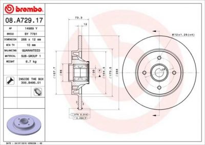 BREMBO Диск тормозной не вент. задний PEUGEOT Partner Tepee ( 4.10->) R (424945, 08.A729.17)