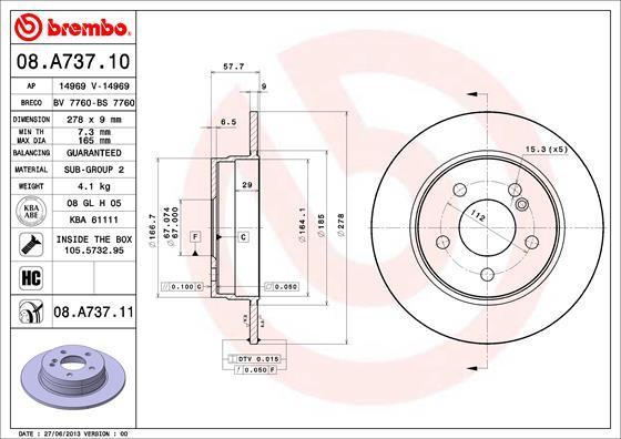 Brembo 08.A737.10 тормозной диск на MERCEDES-BENZ C-CLASS T-Model (S204)