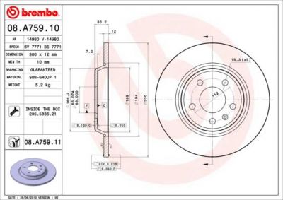 BREMBO Диск тормозной не вент. задний AUDI Q5 (8R) (11/08-) R (8K0615601B, 08.A759.10)
