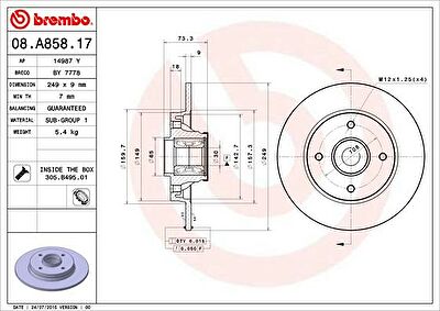 BREMBO Диск тормозной задний (ABS с подшипником) Citroen С4 2007-2010 (424966, 08.A858.17)