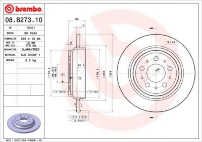BREMBO 08.B273.10 диск тормозной задний! Volvo V70/XC70 2.0-2.5/2.5D 96> (08.B273.10)