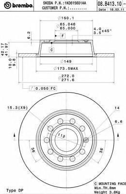 BREMBO Диск тормозной Audi A1 (8X1) 1.2 TFSI (1K0615601AA, 08.B413.10)