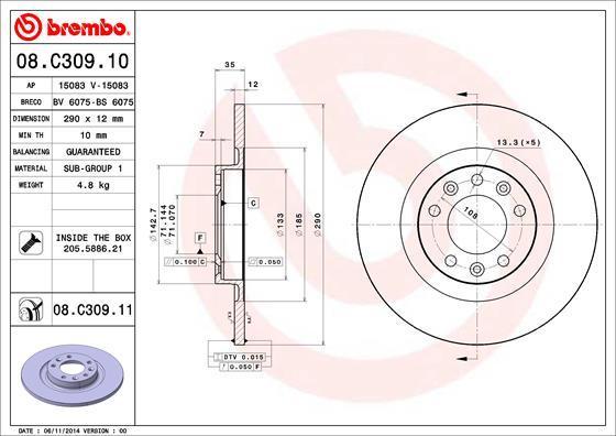 Brembo 08.C309.11 тормозной диск на CITROEN C4 Picasso II